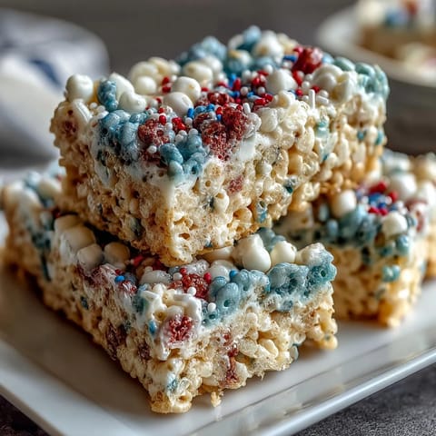Red, white, and blue layered Rice Krispies treats with vibrant colors and sprinkles, perfect for patriotic celebrations.
