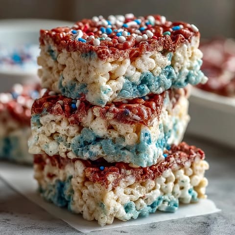 Festive patriotic Rice Krispies treats with red, white, and blue layers, chewy texture, and colorful sprinkles for 4th of July.