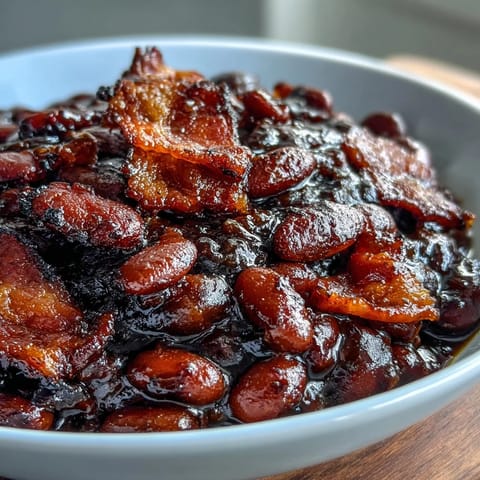 A bubbling skillet of baked beans with crispy bacon and caramelized onions, perfect for summer BBQs.