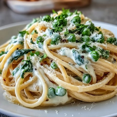 Creamy lemon pasta with peas and spinach, a bright spring dish perfect for weeknight dinners.  
