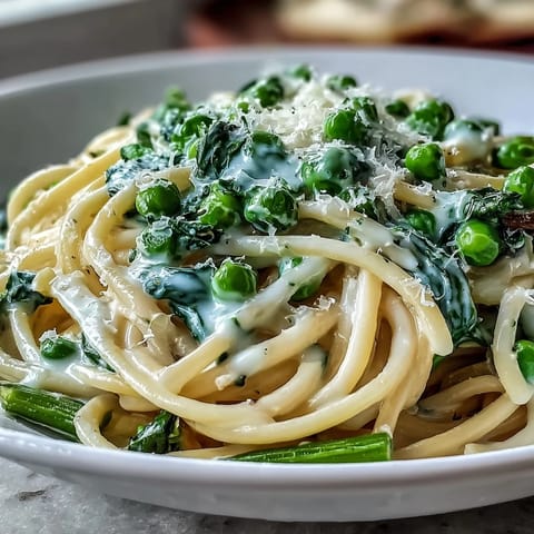 Spring pasta with lemon cream sauce and peas, featuring tender linguine and vibrant green vegetables.  