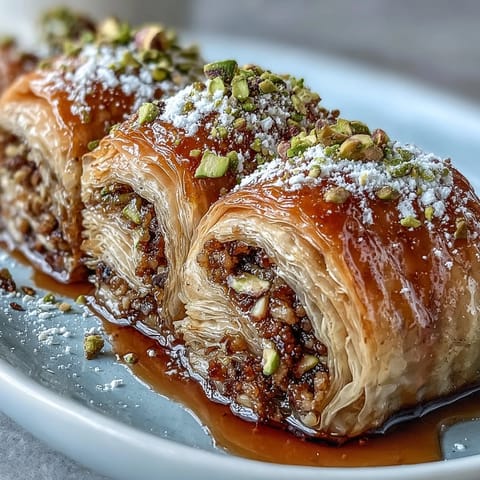 Golden pistachio baklava rolls with flaky phyllo, crunchy pistachios, and sweet orange blossom syrup.  