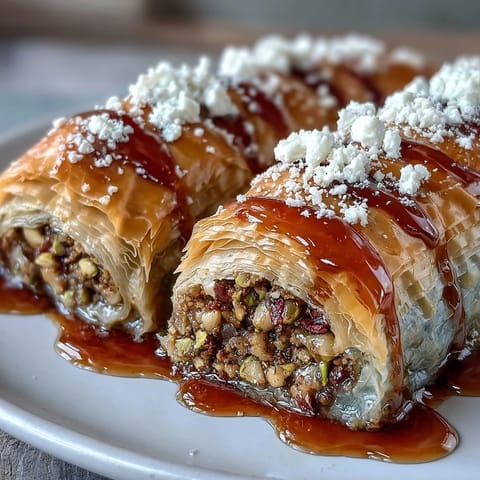 Crispy phyllo pastry rolls filled with fragrant crushed pistachios and drizzled with orange blossom syrup.  