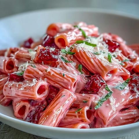 Creamy pink sauce pasta with rich tomato and parmesan, served in a rustic bowl with fresh basil garnish.  