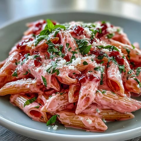 Luscious blush pasta dish featuring al dente penne coated in velvety tomato-cream sauce and sprinkled with parmesan.  