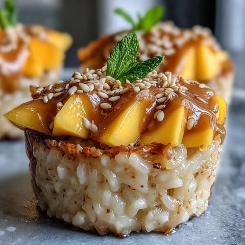 Mango sticky rice cups with fresh mango slices and creamy coconut drizzle, perfect for a modern Thai dessert twist.  