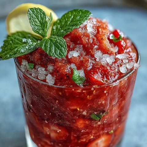 Refreshing frozen strawberry lemonade slushie with bright red berries and fresh lemon slices.  