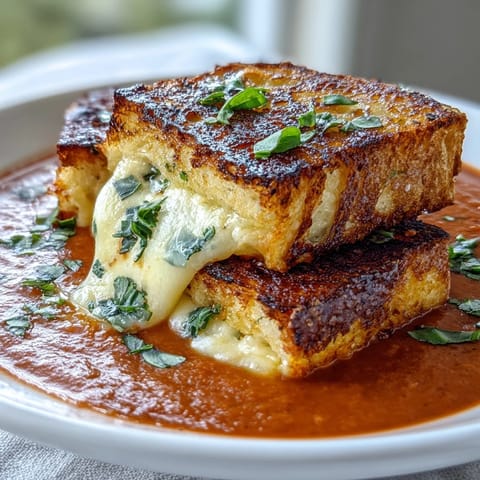 Creamy tomato basil soup with grilled cheese croutons in a white bowl, garnished with fresh basil leaves.  