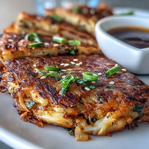 Golden crispy cabbage kimchi pancakes sizzling in a hot skillet, packed with tangy fermented cabbage and fresh green onions.  