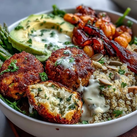 Vibrant spring Buddha bowl with roasted vegetables, crispy falafel, and zesty lemon-tahini dressing in a colorful, healthy bowl.