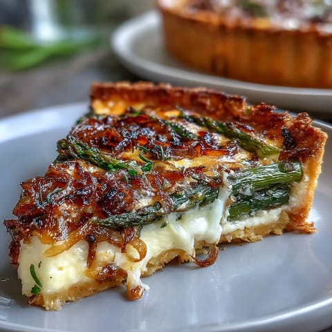 Spring Asparagus Quiche with Gruyère cheese, caramelized shallots, and tender asparagus in a golden, flaky crust, perfect for brunch.