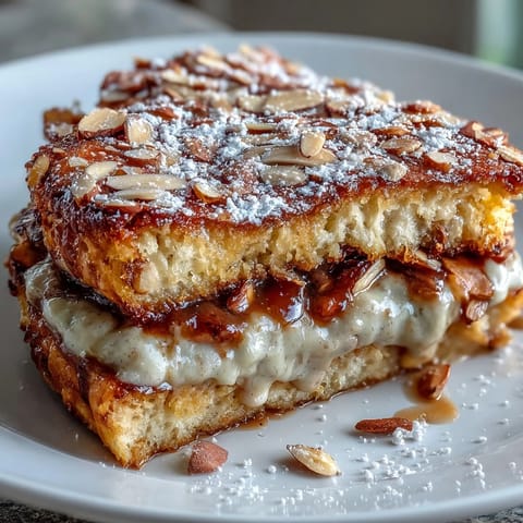 Almond croissant French toast with golden brioche slices soaked in almond cream and topped with toasted almonds.