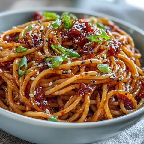 Creamy gochujang butter pasta with rich garlic sauce, garnished with sliced spring onions and sesame seeds.  