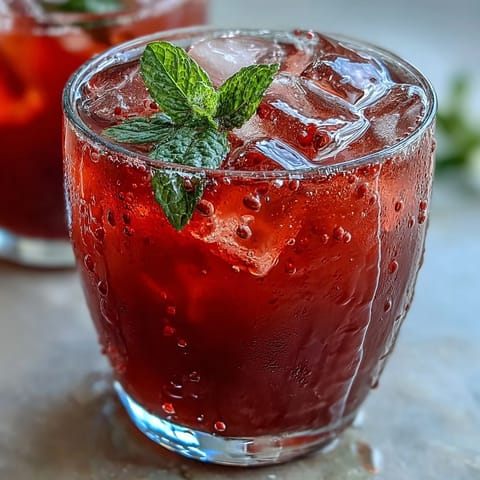 Vibrant Juneteenth Red Drink: Hibiscus Strawberry Lemonade with fresh fruit garnish.