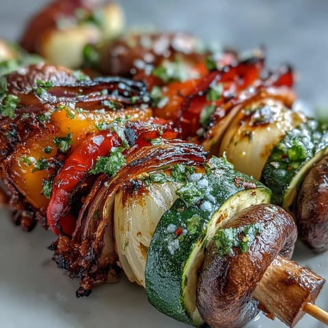 Colorful grilled veggie kabobs with vibrant, zesty chimichurri sauce ready for serving.