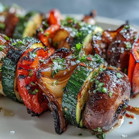 Smoky, tender grilled veggie kabobs dripping with fresh, herbaceous chimichurri sauce.