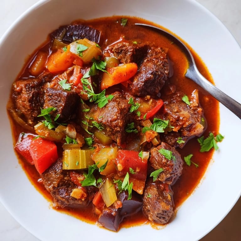 Close-up of hearty Smoked Paprika Beef Stew, perfect for a cozy weeknight dinner.