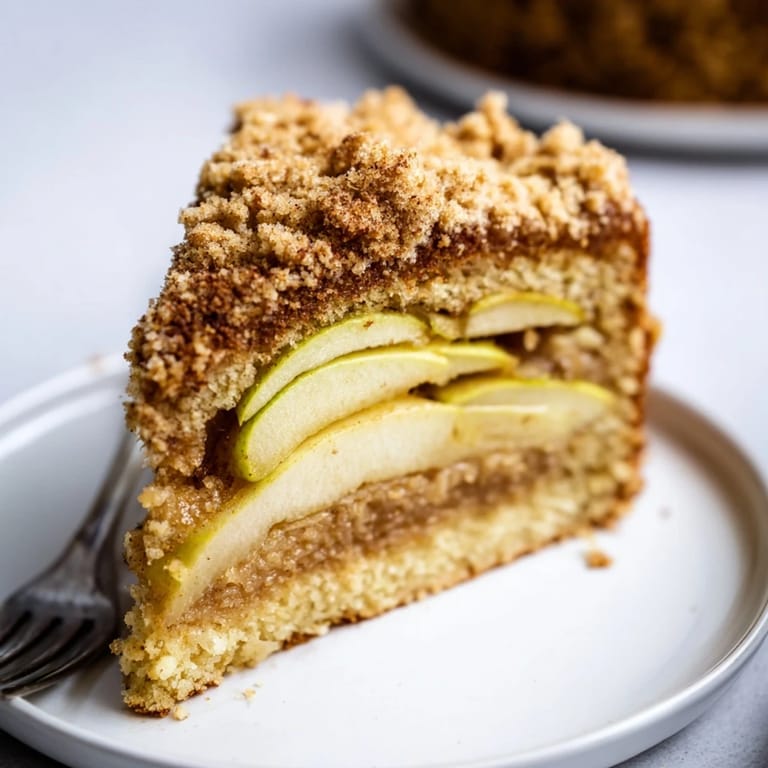 Moist slices of Rustic German Apple Streusel Cake showcase caramelized apples beneath a buttery streusel.