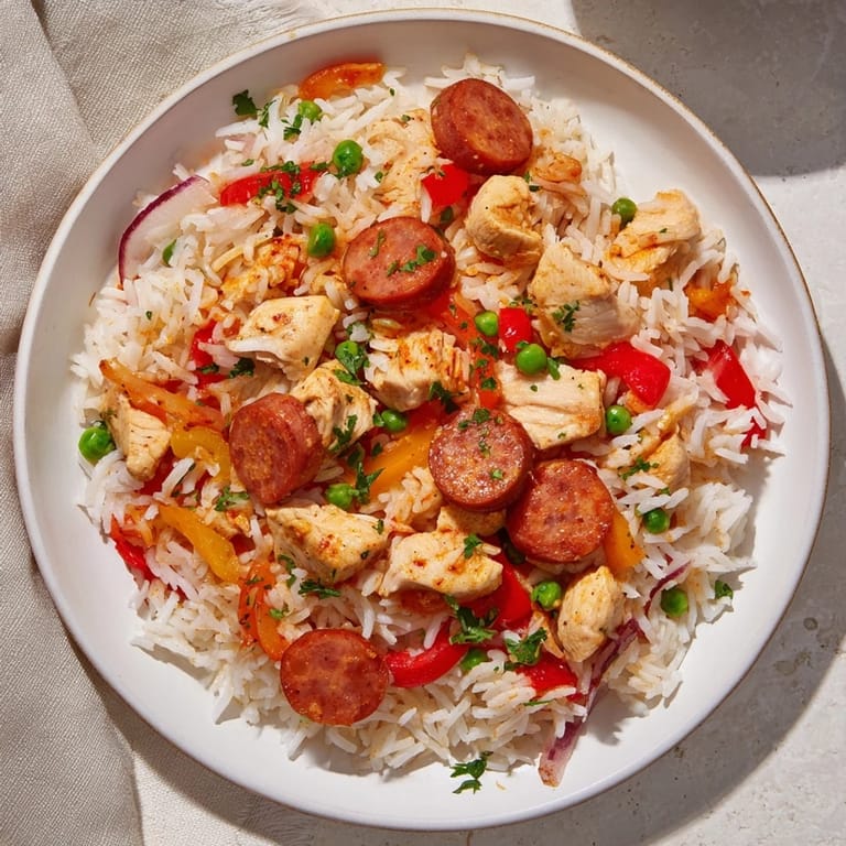 Close-up of a rustic One-Pot Chicken and Chorizo Rice Skillet, garnished with parsley and lemon wedges.