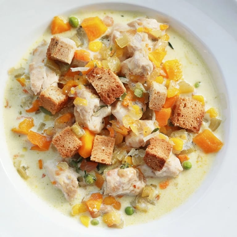 Creamy chicken and vegetable filling baked under light and flaky biscuits in this savory skillet.