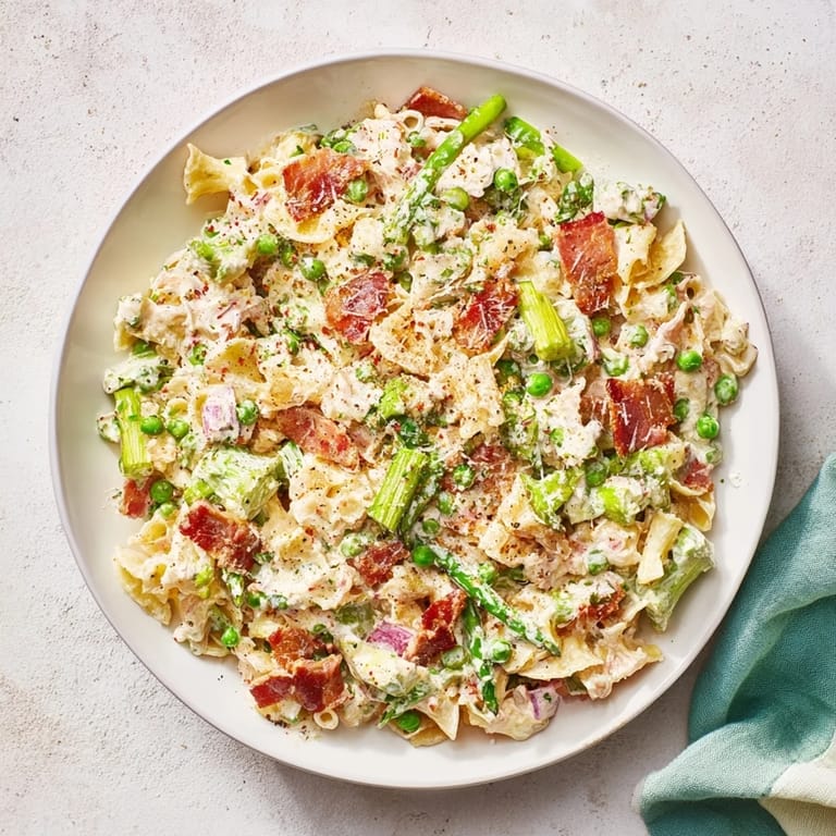 A close-up of Easy Bacon Macaroni Salad, showcasing creamy texture and flavorful, fresh ingredients.