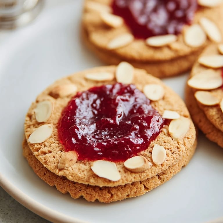 Close-up of baked Cherry Almond Thumbprint Cookies, filled with vibrant red cherry jam and slivered almonds.