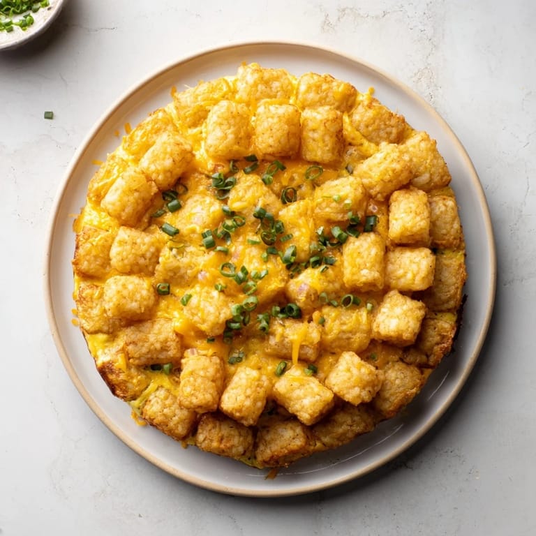 A cheesy 5-Ingredient Tater Tot Frittata, baked until golden brown and ready to serve with fresh scallions.