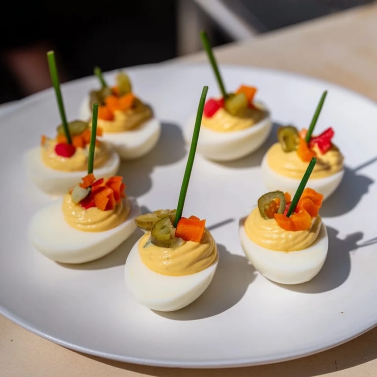 These colorful festive deviled egg ornaments offer a delightful party appetizer, ready to enjoy.