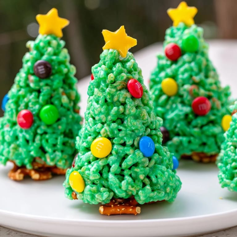 Homemade Christmas Tree Rice Crispy Treats, shaped as charming trees, decorated with colorful candies and ready to eat.