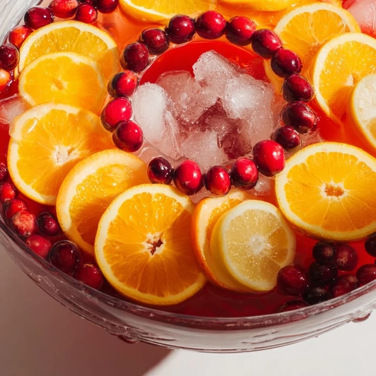 Chilled Quick Holiday Punch with Ice Ring: a close-up revealing cranberries and citrus frozen in a beautiful ice ring.