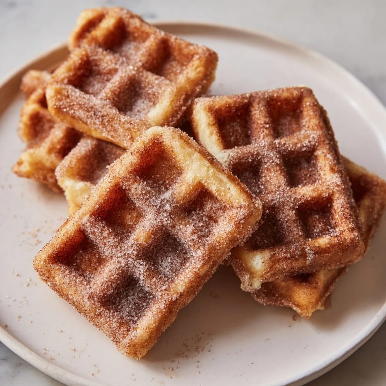 Crispy Express Cinnamon Sugar Churro Waffles, warm and buttery, with a sweet cinnamon coating.