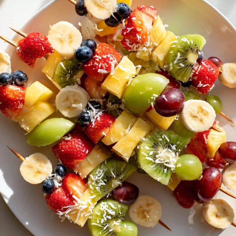 Skewers of fresh, sweet easy festive fruit kabobs, a healthy and vibrant party appetizer.