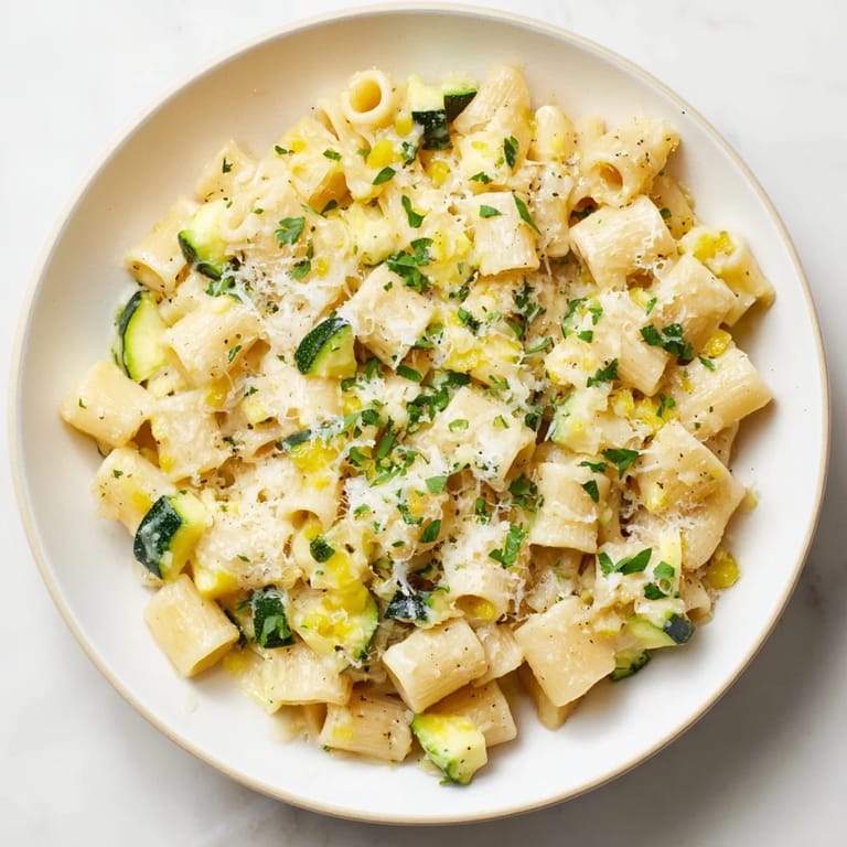 This savory One-Pot Creamy Zucchini Ditalini simmers with pasta in a rich, creamy sauce for a satisfying meal.