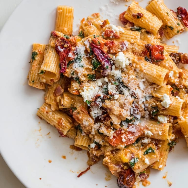 A close-up of golden Mediterranean Baked Garlic & Herb Pasta, showcasing creamy feta and vibrant sun-dried tomatoes.