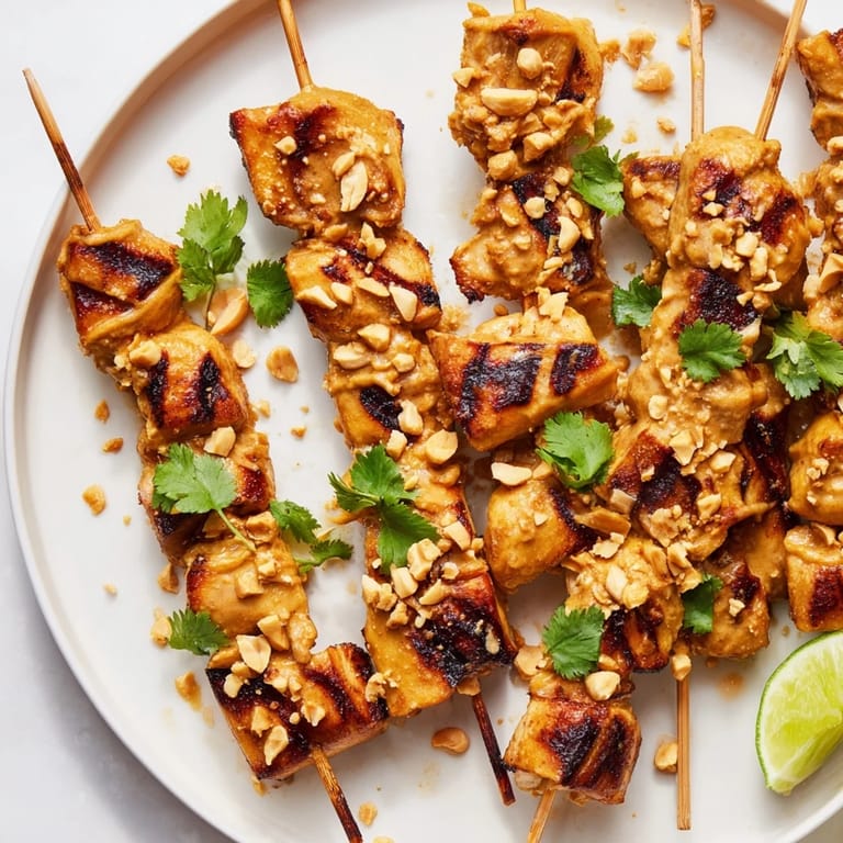 Juicy Spicy Peanut Satay Chicken Skewers, served with fresh cilantro and lime wedges for a flavorful meal.