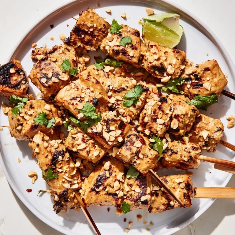 Summer barbecue ready: Charred Spicy Peanut Satay Chicken Skewers with a side of chopped peanuts, delicious!