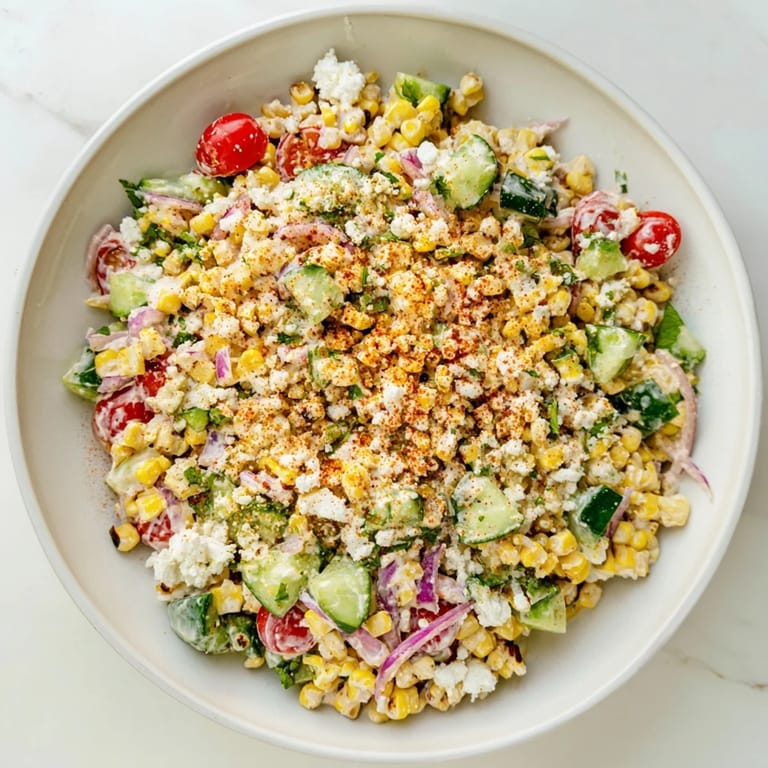 Vibrant image of a Mexican Street Corn Chopped Salad, showcasing charred corn and Cotija cheese garnish.