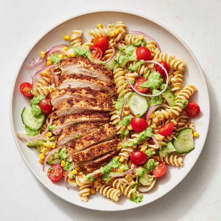 Chunks of juicy chicken rest atop this refreshing Peruvian Aji Verde Chicken Pasta Salad, ready to enjoy.