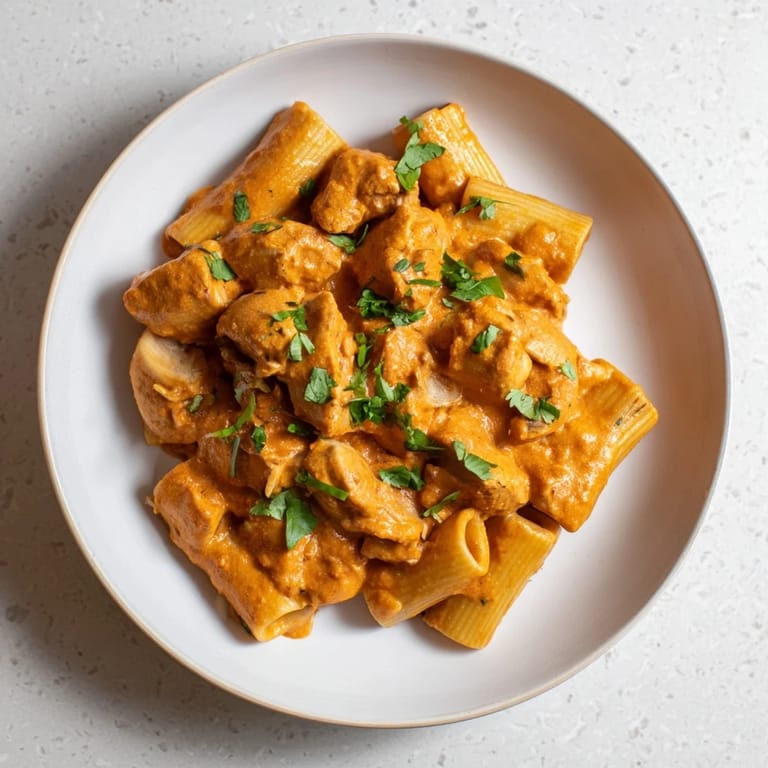 A steaming bowl of Creamy Chicken Tikka Masala Pasta, blending Indian spices with Italian comfort flavors.