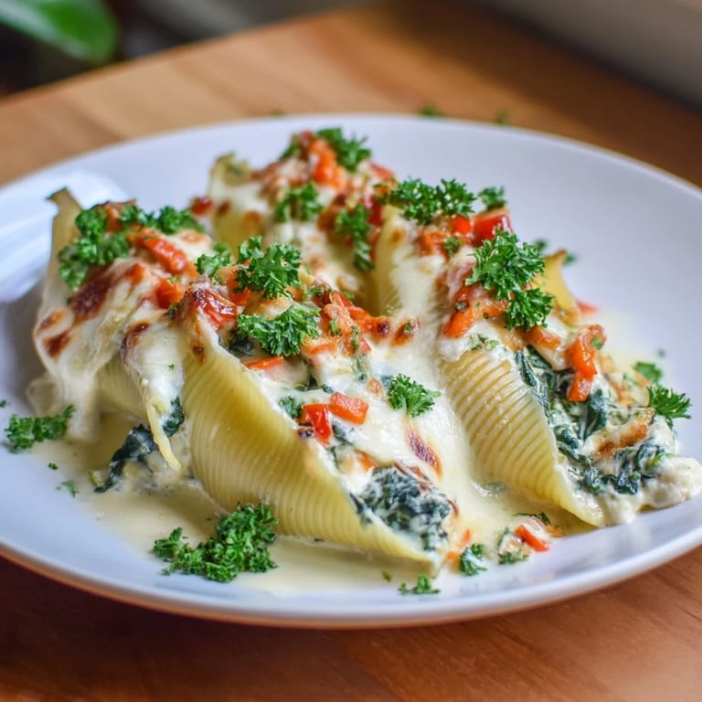 Warm High-Protein Cottage Cheese Alfredo Christmas Shells, garnished with parsley and red peppers for the holidays.