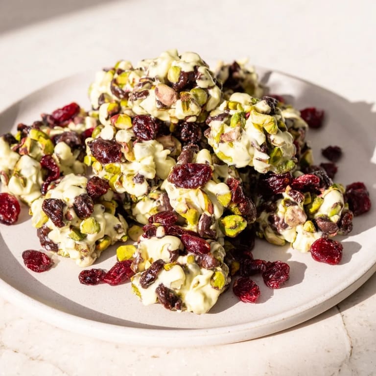 Bite into Matcha White Chocolate Cranberry Bark Clusters, creamy white chocolate dotted with sweet cranberries.