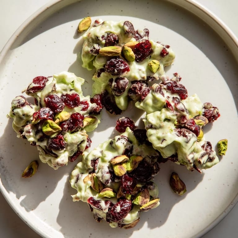 Vivid image of Matcha White Chocolate Cranberry Bark Clusters, ready to enjoy as a flavorful, gluten-free dessert.