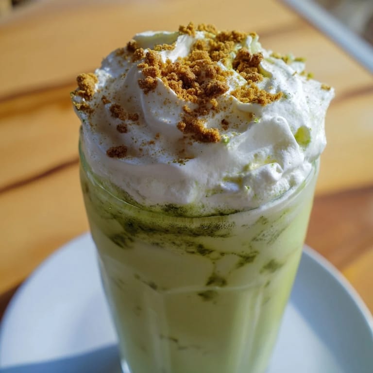 A close-up of a delightful Sugar-Free Gingerbread Cookie Matcha Frappe, garnished with whipped cream and spices.