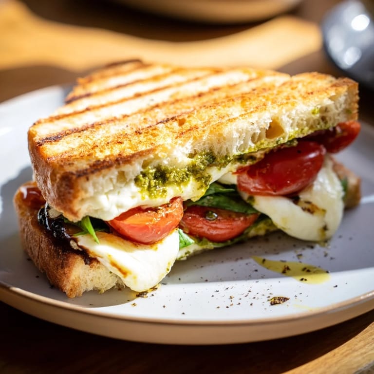 Crispy, golden-brown bread surrounds a flavorful Caprese Pesto Panini-Style Grilled Cheese with fresh basil.