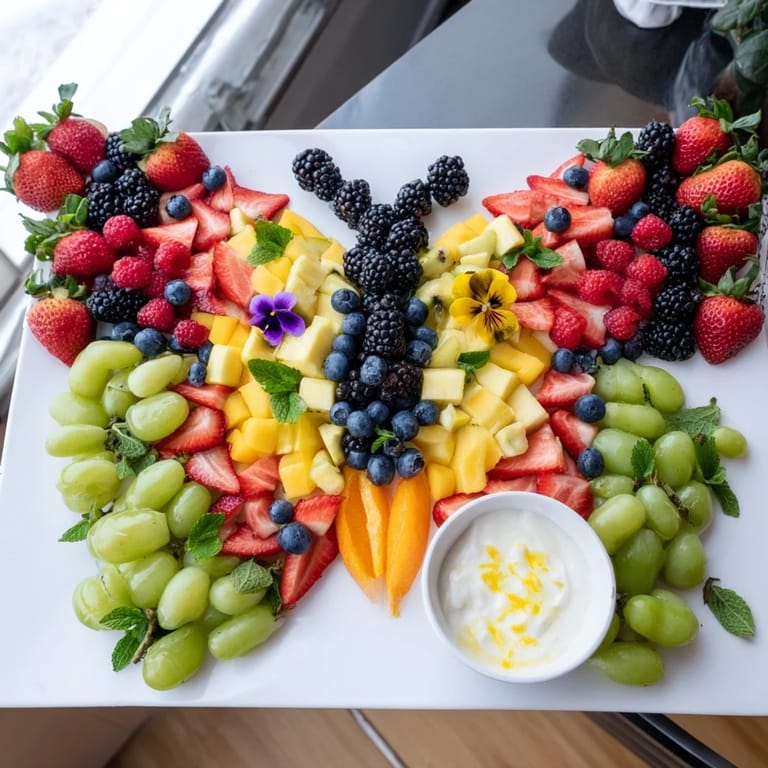 This Butterfly Garden Fruit Board features a medley of berries, mango, and kiwi for a delightful snack.