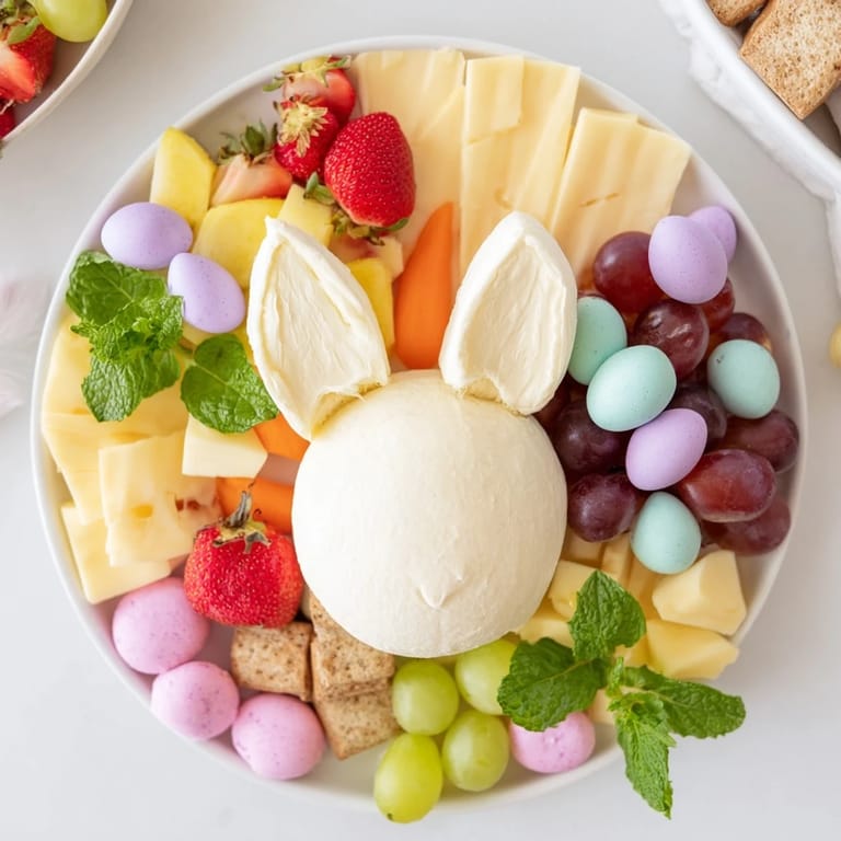 Festive Bunny Ears Easter Board features a colorful array of fresh fruits, crackers, and creamy cheeses arranged charmingly.
