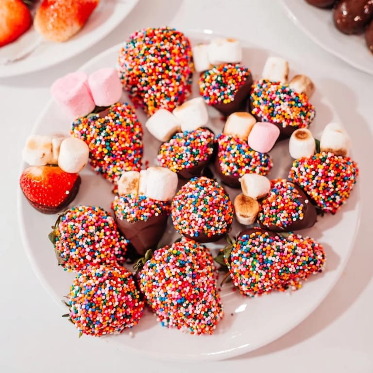 A vibrant Rainbow Sprinkle Party Board, overflowing with dipped sweets, chocolate, and fresh fruit delights.