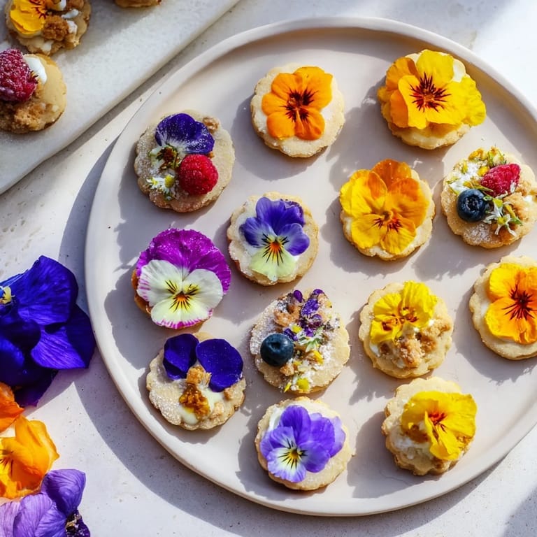 A beautifully arranged Spring Flower Dessert Tray with honey yogurt parfaits and sweet floral garnishes glistening.