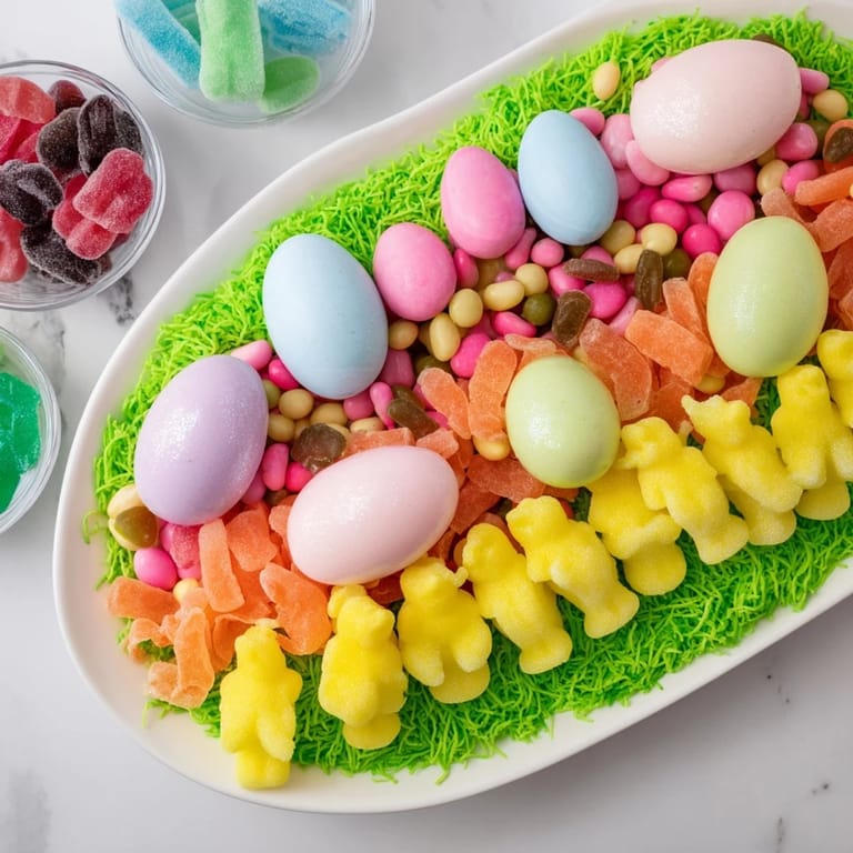 A vibrant egg-shaped candy arrangement, featuring jelly beans and gummy treats, ready to serve guests.