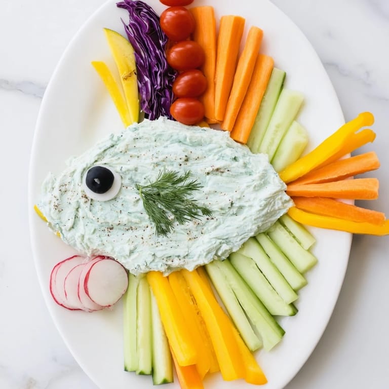 A colorful Ocean Blue Fish-Shaped Dip Tray, complete with crunchy vegetables and delicious, creamy dips ready to enjoy.